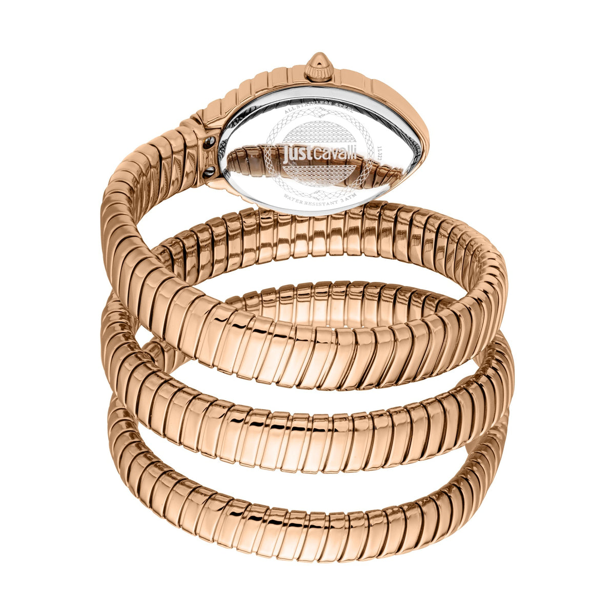 Rose gold snake bracelet wrapped around wrist with oval green dial watch head visible