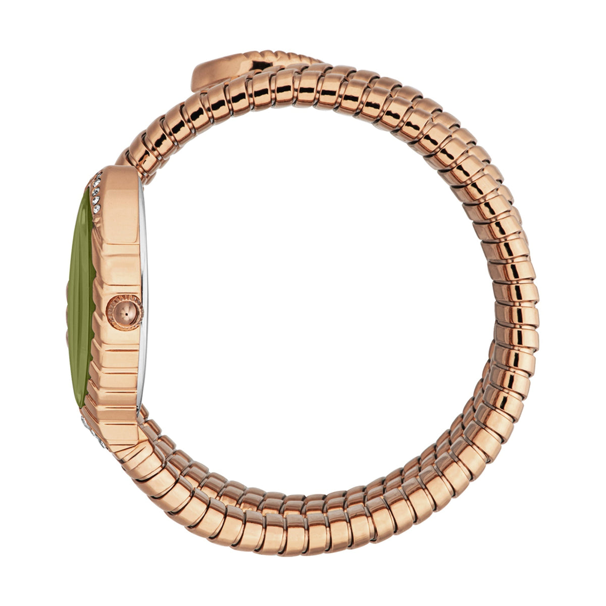 Side view of Just Cavalli Specchio Snake watch showing green dial and rose gold segmented bracelet