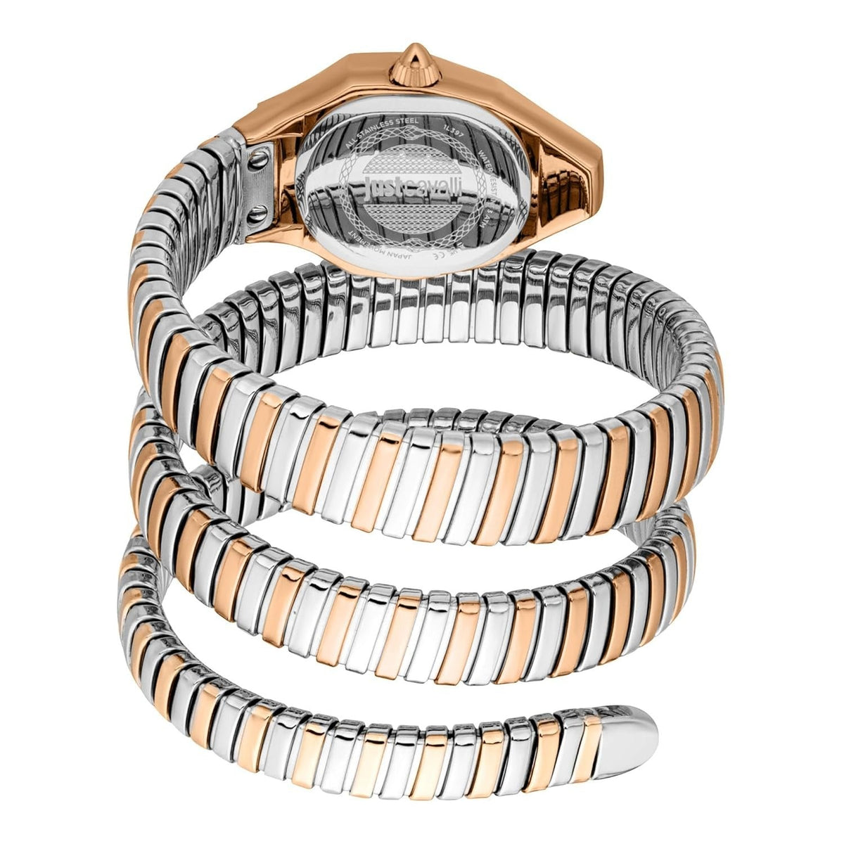 Lunara watch strap detail showing wrapped two-tone silver and rose gold metal bangle design