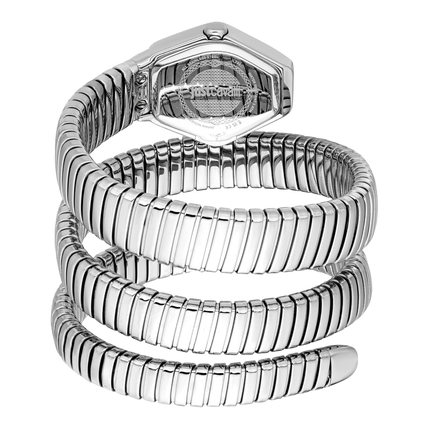 Angled view of Just Cavalli Romina watch with multi-wrap coiled silver bracelet and hexagon case