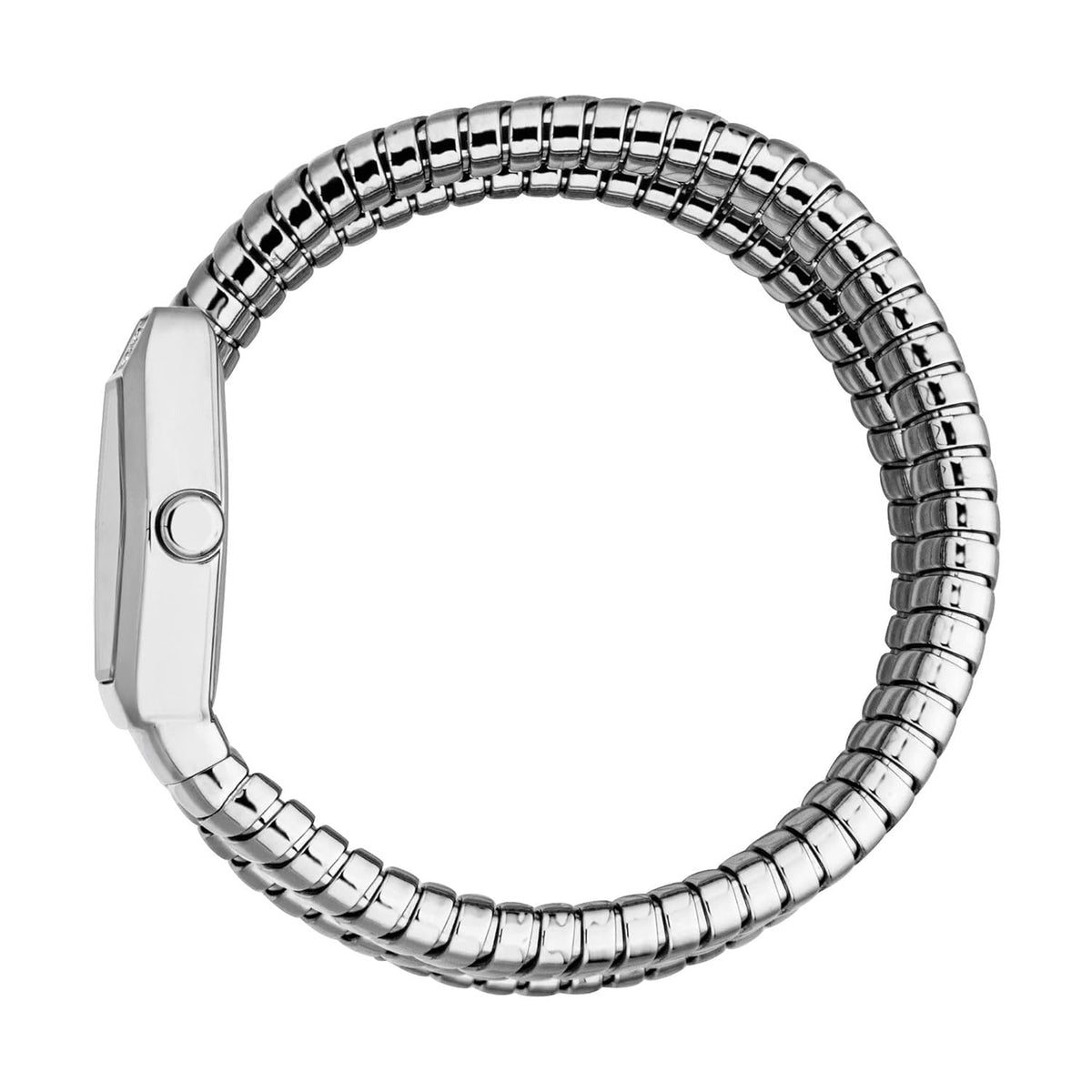 Side view of Just Cavalli Romina watch showing silver ribbed bracelet and rectangular case profile
