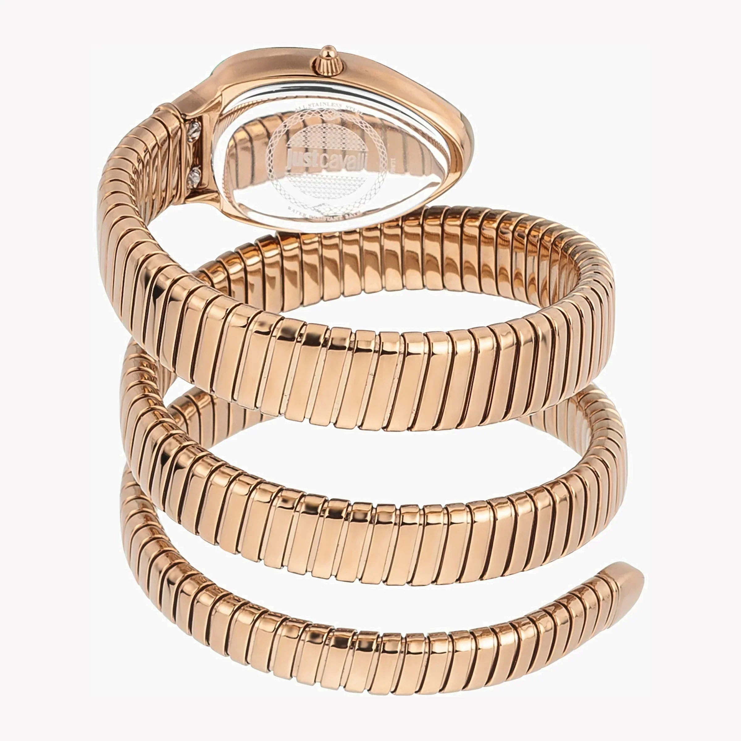 Just Cavalli Serpente rose gold women's watch at angle showing wrapped serpent bracelet detail