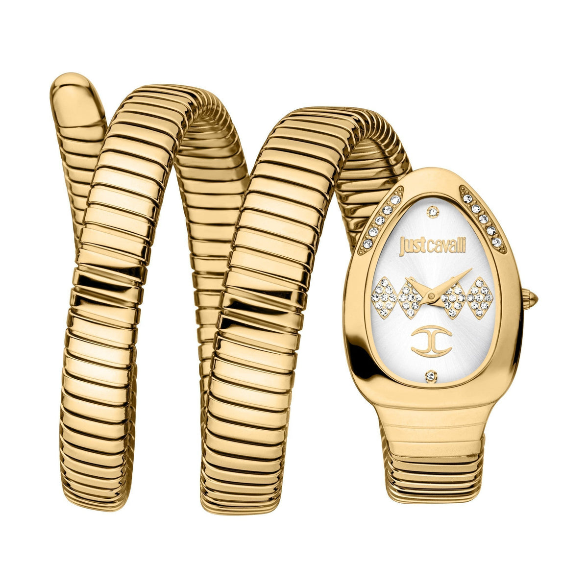 Just Cavalli Snake women's watch with gold-tone case, silver dial, and snake-coiled strap