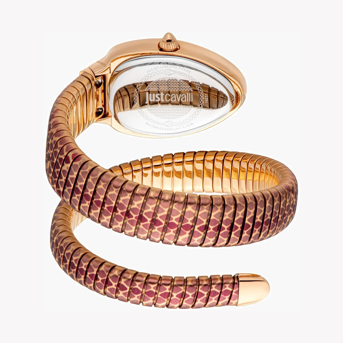 Angled view of Just Cavalli Snake watch displaying oval white dial and coiled snake-patterned strap design