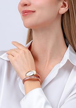 Just Cavalli Snake women's watch worn on wrist showing rose gold case and snake-textured bracelet