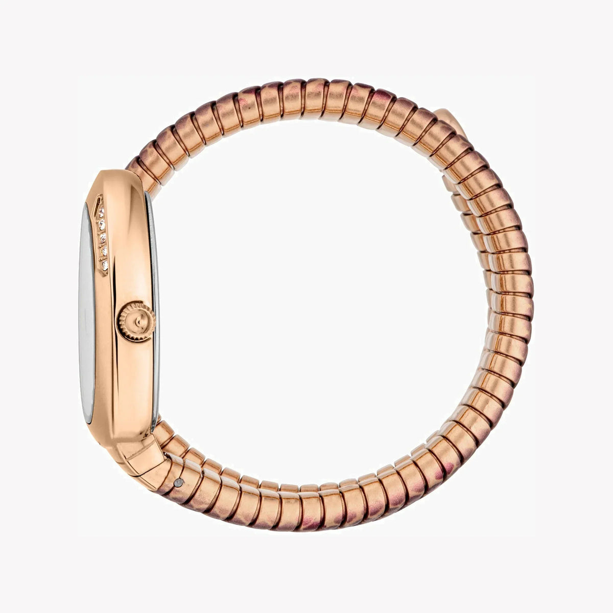 Side view of Just Cavalli Snake watch showing rose gold case and snake-textured expandable bracelet