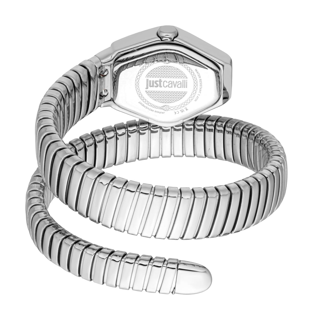 Angled view showing hexagonal case and coiled metal bracelet construction