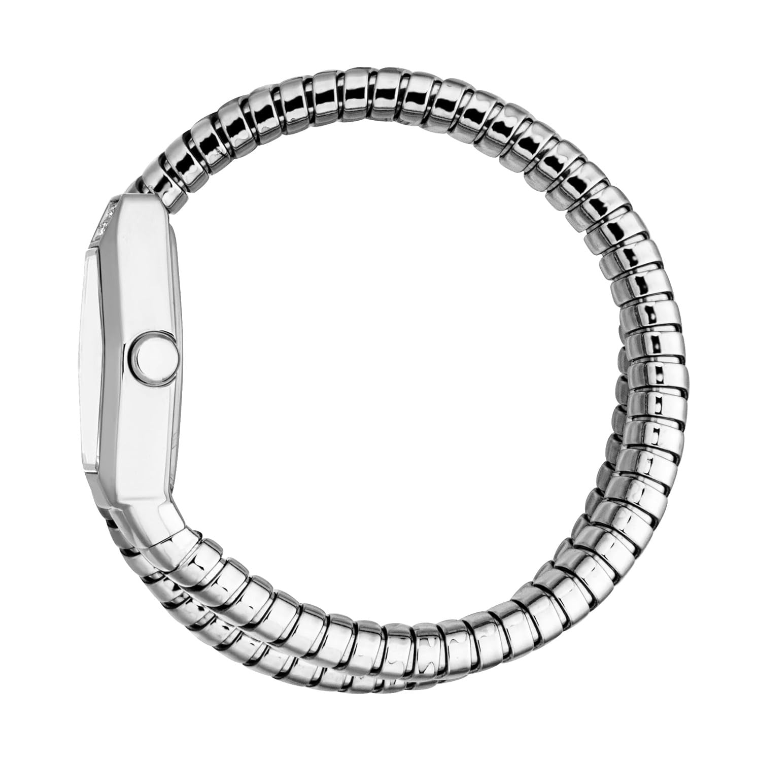 Side view of coiled metal bracelet with rectangular case on women's wrist
