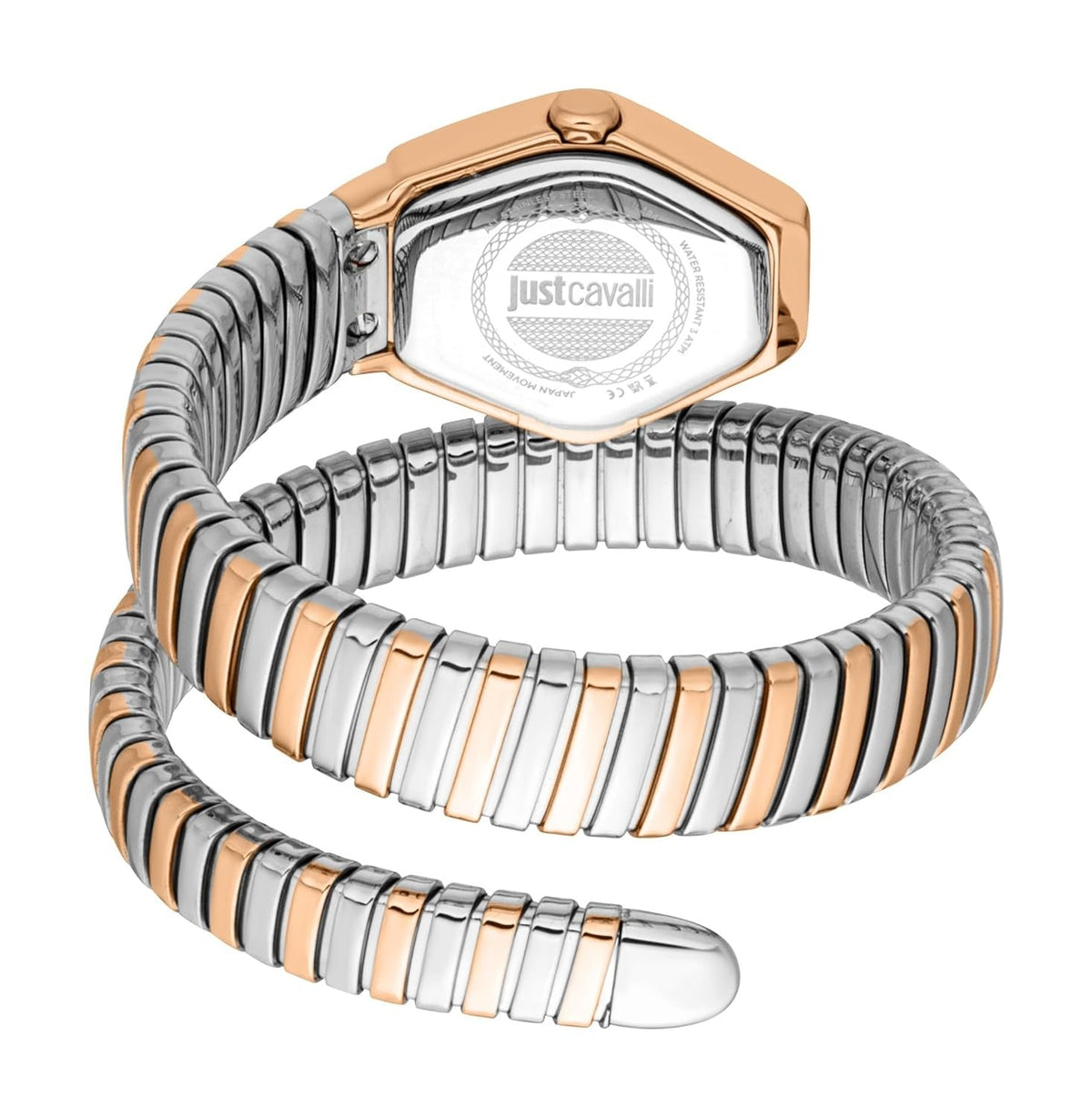 Just Cavalli Splora watch caseback showing engraved logo and spiral flex strap design