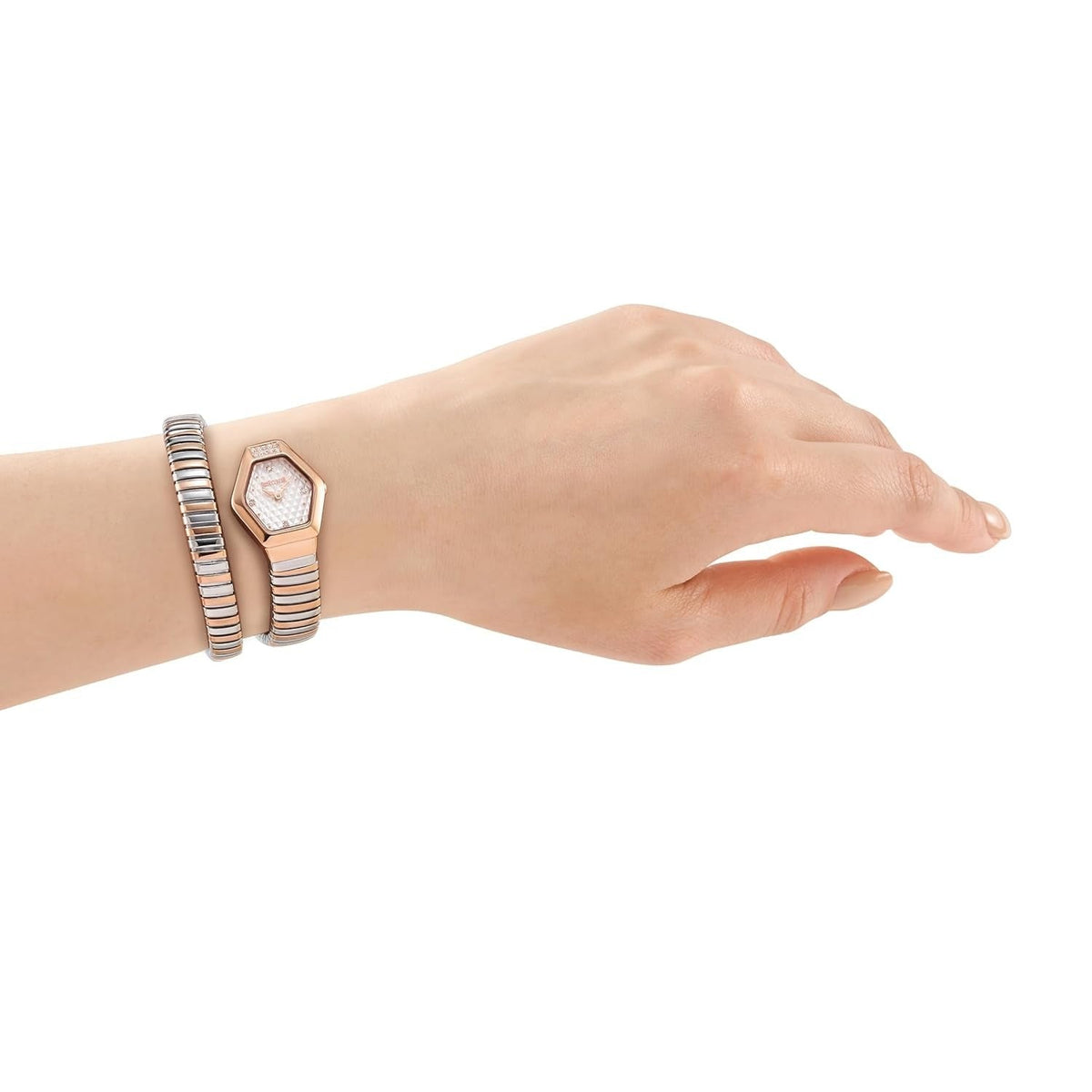 Just Cavalli Splora women's watch worn on wrist, showing rose gold case and silver flex strap