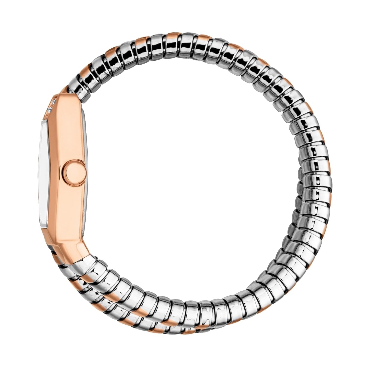 Just Cavalli Splora watch side view showing rose gold/silver flexible coiled strap and case profile