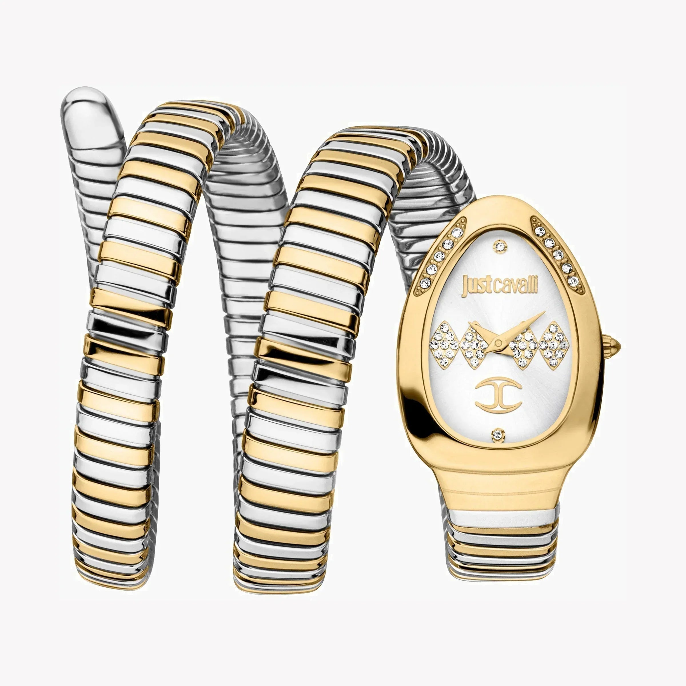 Just Cavalli Vezzoso women's watch with oval white dial, gold-tone and stainless steel two-tone bracelet