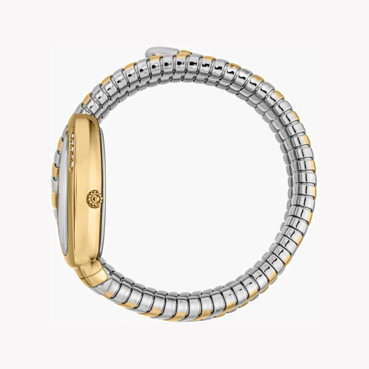 Just Cavalli Vezzoso watch side view showing gold-tone and stainless steel flexible bracelet