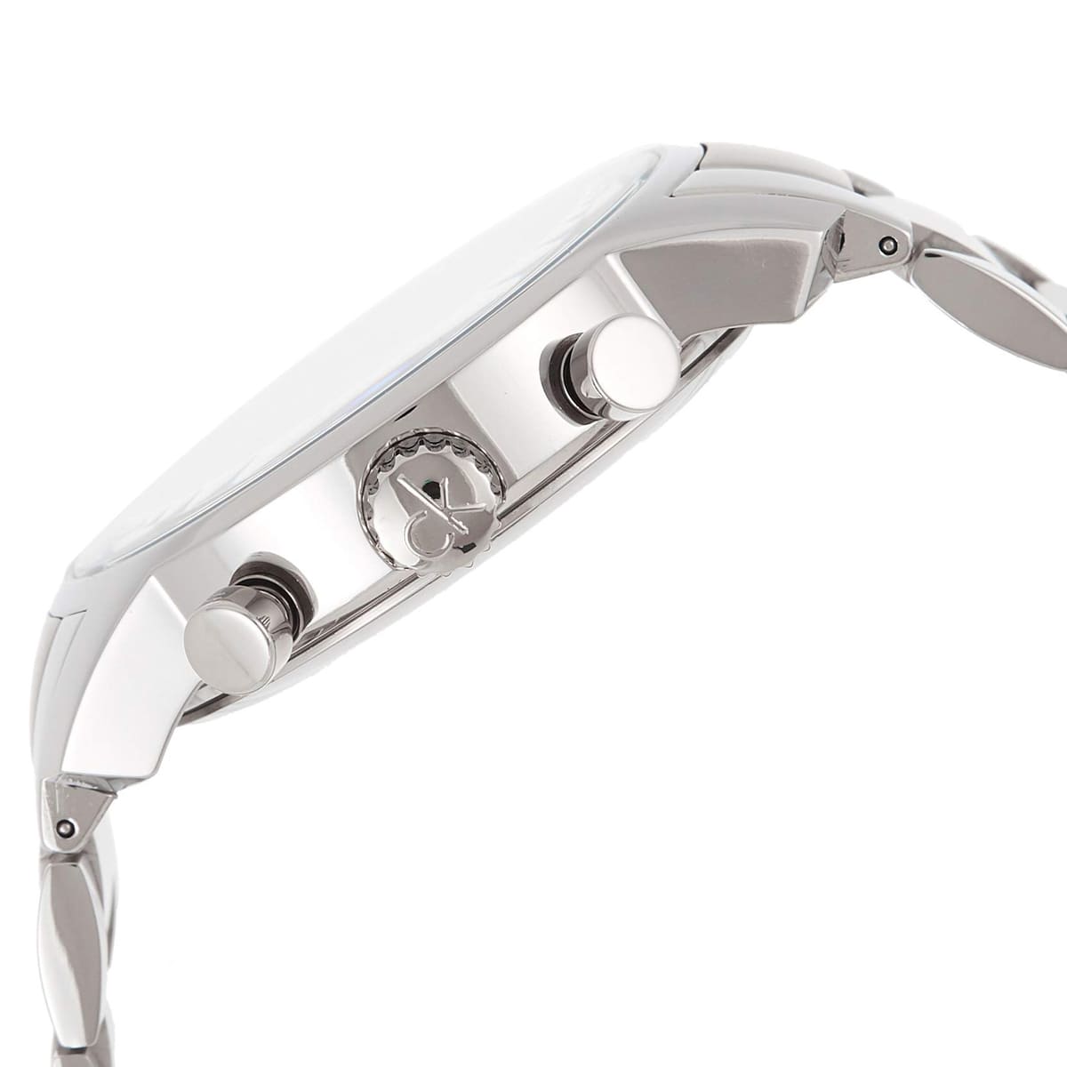 Side profile of Calvin Klein City chronograph watch showing case and pushers