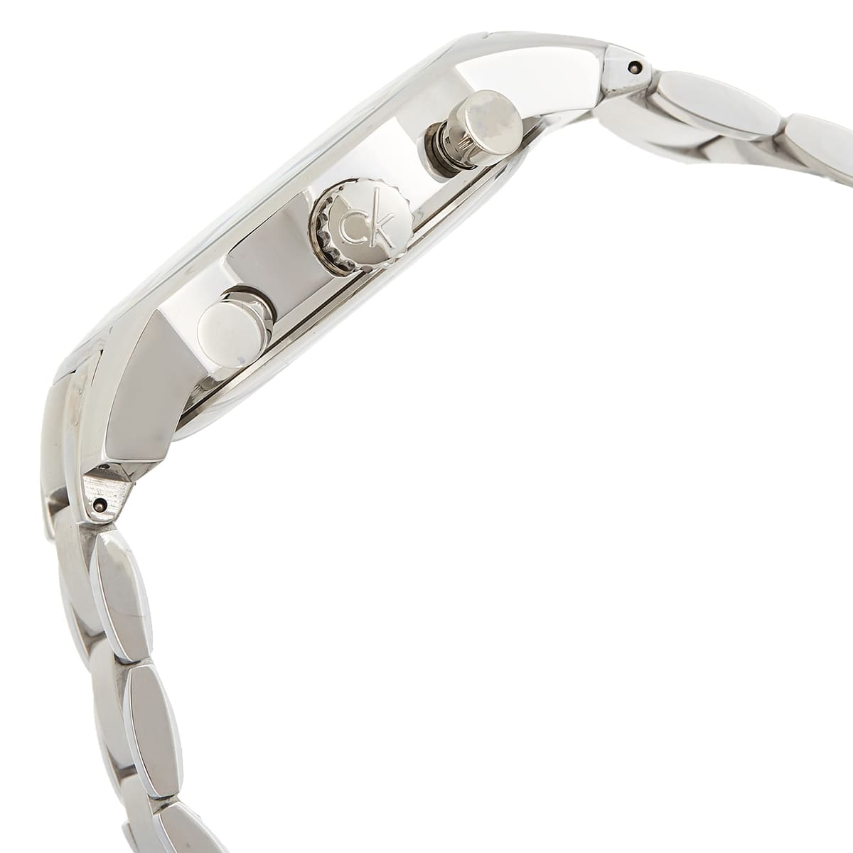 Close-up side view of watch case with chronograph pushers and pusher mechanism