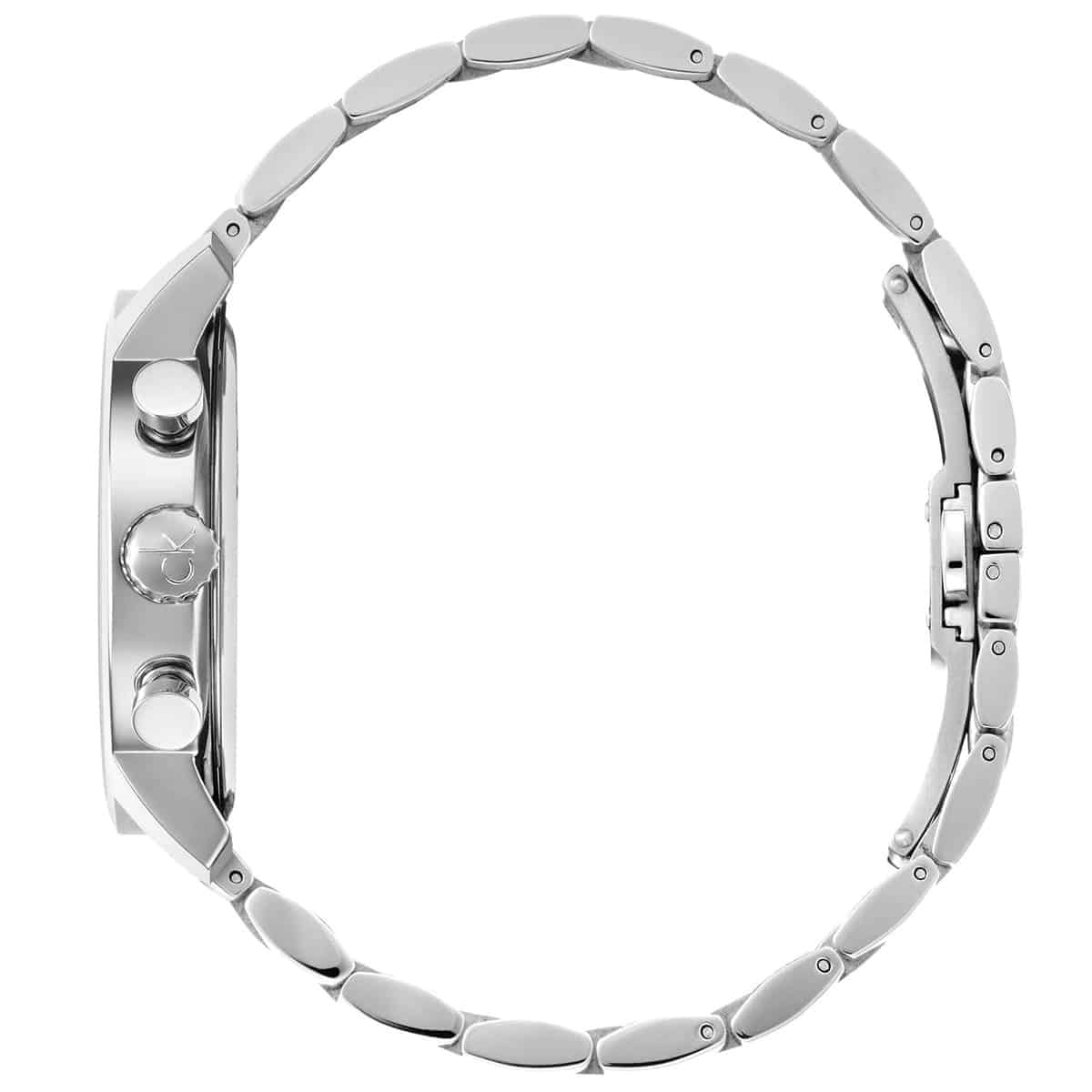 Side profile of watch case showing chronograph pushers and crown