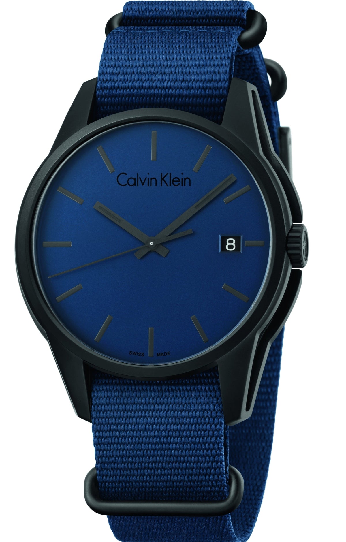 Calvin Klein K7K514VN watch on wrist with blue NATO strap and blue dial