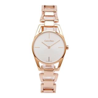 Calvin Klein Dainty women's watch worn on wrist showing white dial and rose gold bracelet