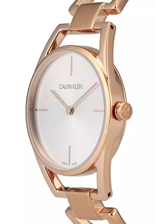 Side profile of Calvin Klein Dainty women's watch showing rose gold case and bracelet
