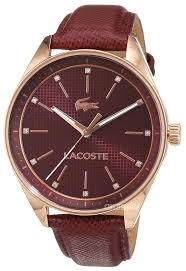 Lacoste 2000934 watch at angle showing rose gold case and burgundy leather band