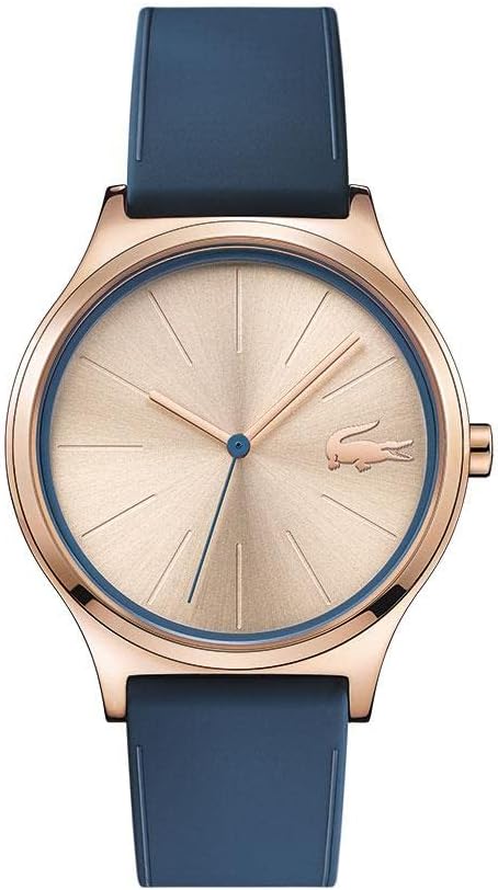 Lacoste rose gold women's watch with champagne dial and blue silicone strap