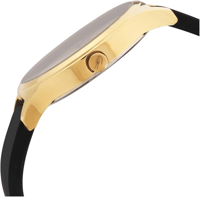 Side profile of gold-plated Lacoste watch case with black leather strap