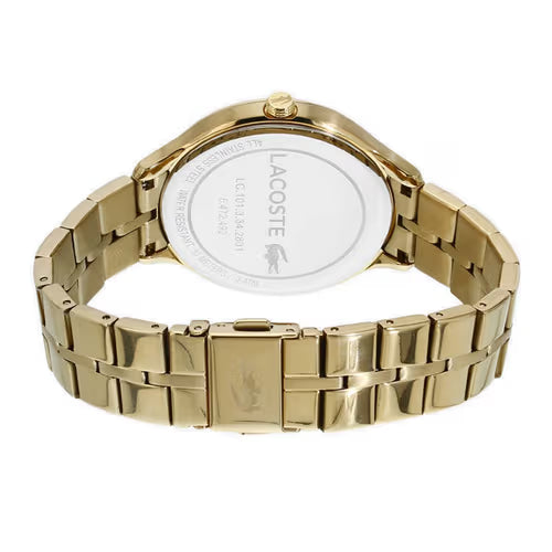 Case back of Lacoste 2001008 watch showing gold metal with Lacoste branding