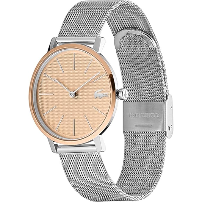 Lacoste 2001042 watch showing rose gold bezel and silver mesh strap from angle