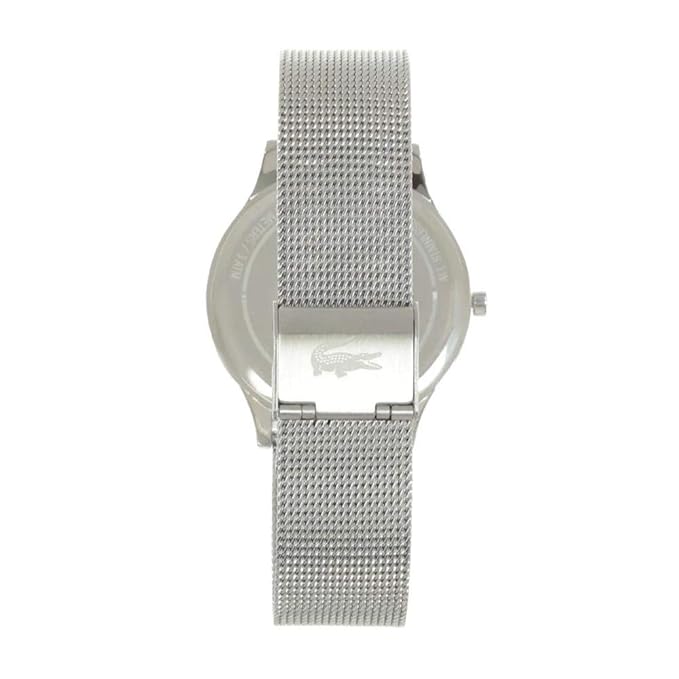 Lacoste 2001042 watch caseback showing stainless steel mesh band and closure
