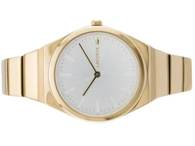 Lacoste Nikita gold stainless steel watch displayed flat on wrist view