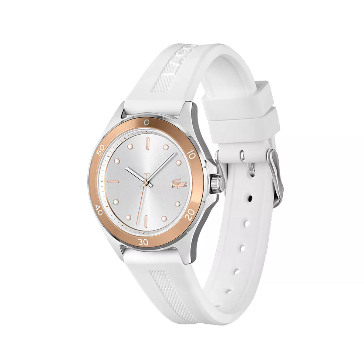 Lacoste 2001225 watch displayed at an angle showing white strap and rose gold bezel