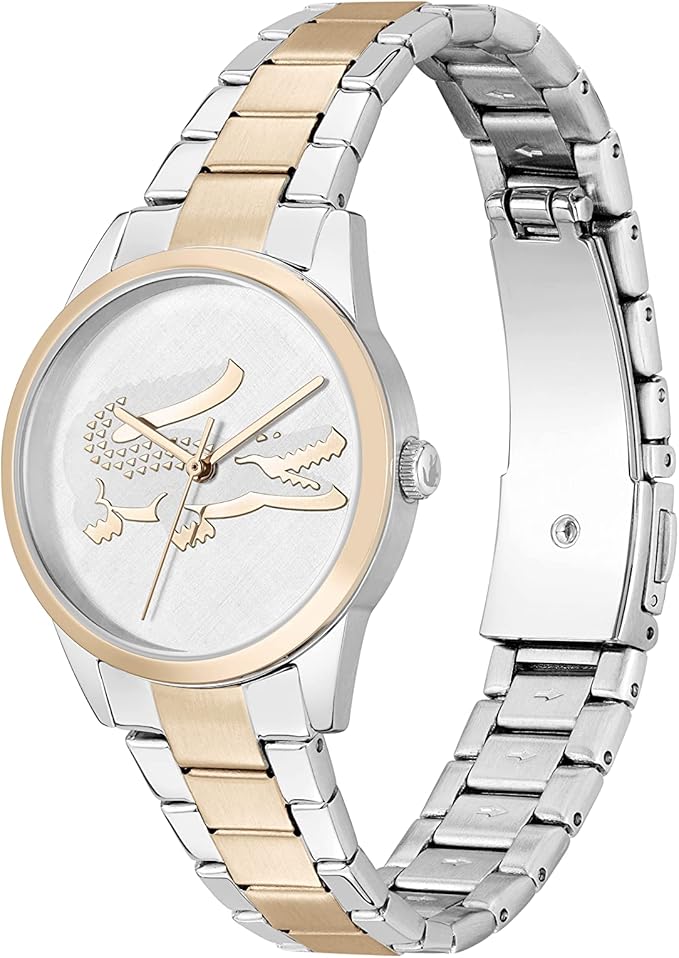 Lacoste 2001263 watch at angle showing two-tone bracelet and caseback detail