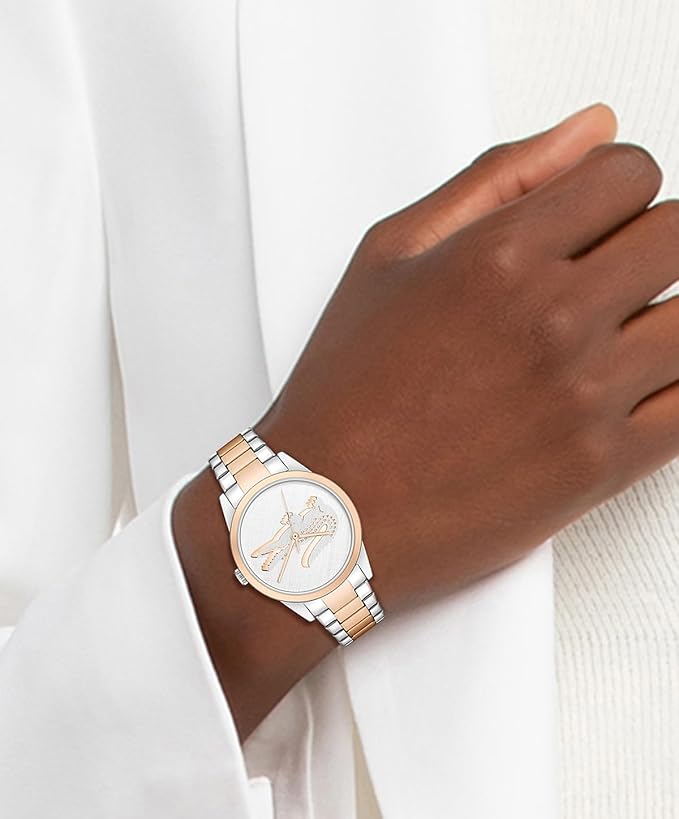 Lacoste 2001263 women's watch worn on wrist showing two-tone design and crocodile dial