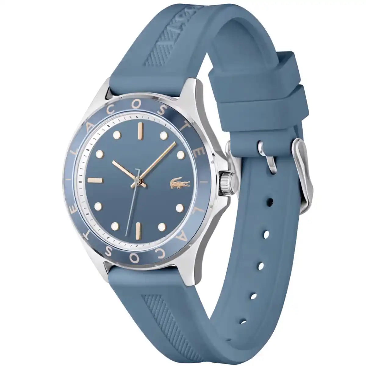 Lacoste 2001267 watch side view showing blue rubber strap and buckle fastening