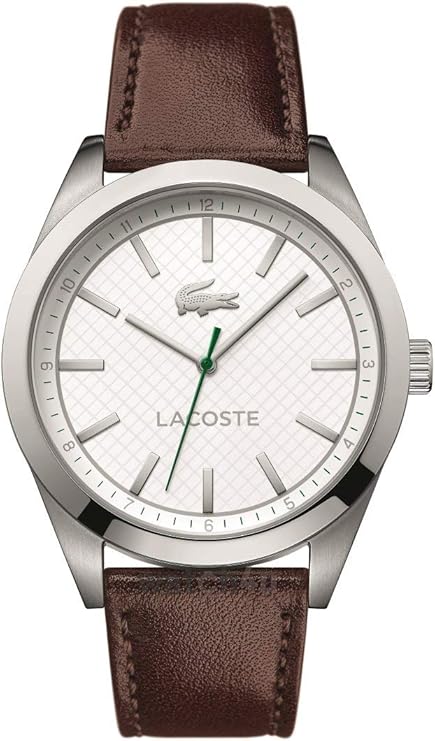 Lacoste analog men's watch with white dial and brown leather strap