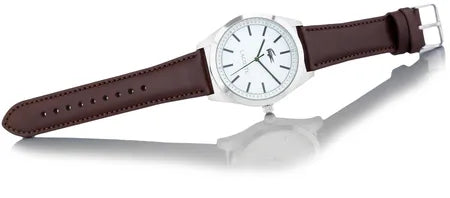 Lacoste watch strap laid flat showing brown leather with crocodile branding