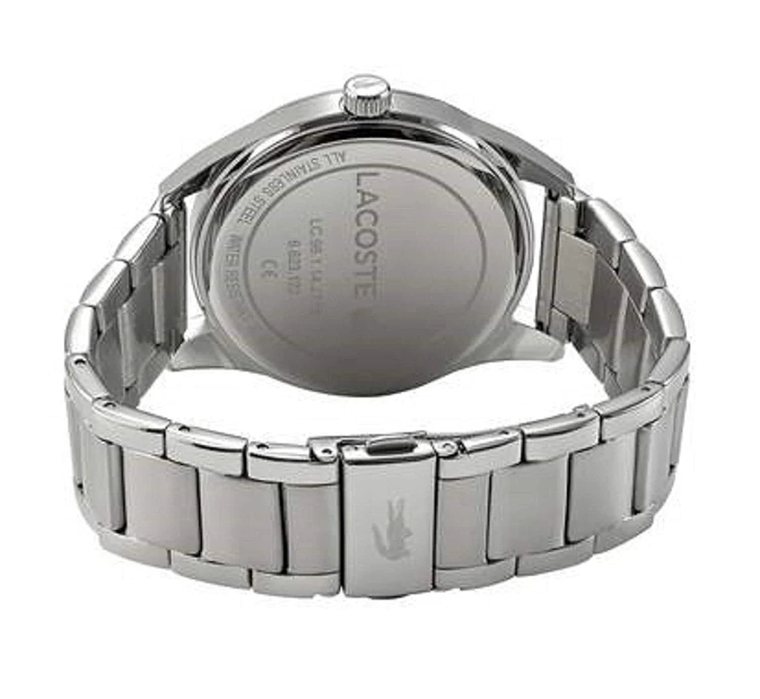 Lacoste watch caseback showing stainless steel back with engraved branding and linked bracelet