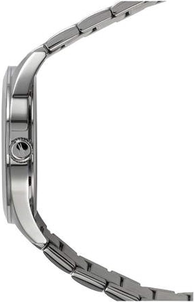 Side profile of Lacoste watch showing stainless steel case and linked bracelet strap