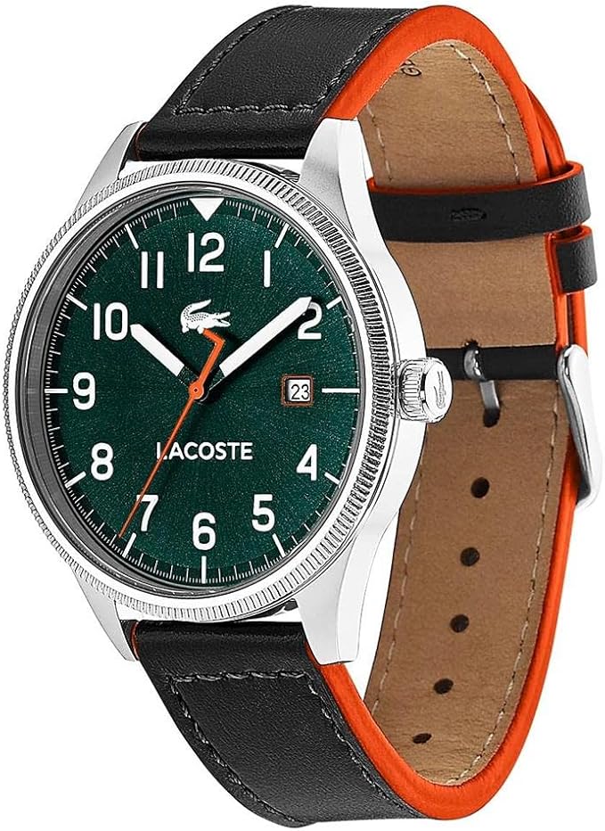 Lacoste watch angled view showing black leather strap with contrasting orange reverse side