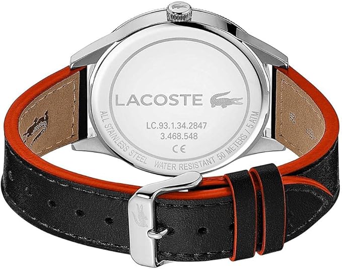 Lacoste watch caseback showing stainless steel with engraved logo and water resistance rating