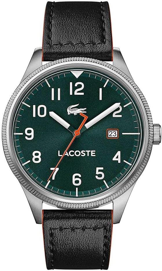 Lacoste men's watch with stainless steel case, dark green dial, and black leather strap