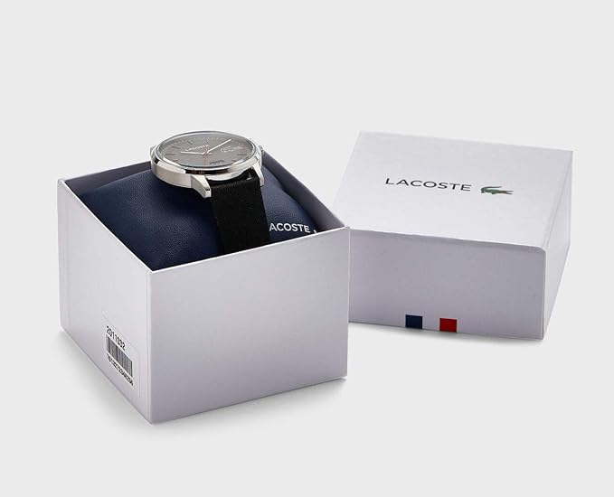 Lacoste watch presentation box with watch inside and branded packaging