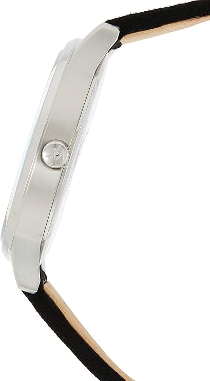 Side profile of Lacoste watch showing stainless steel case, dial, and black fabric strap
