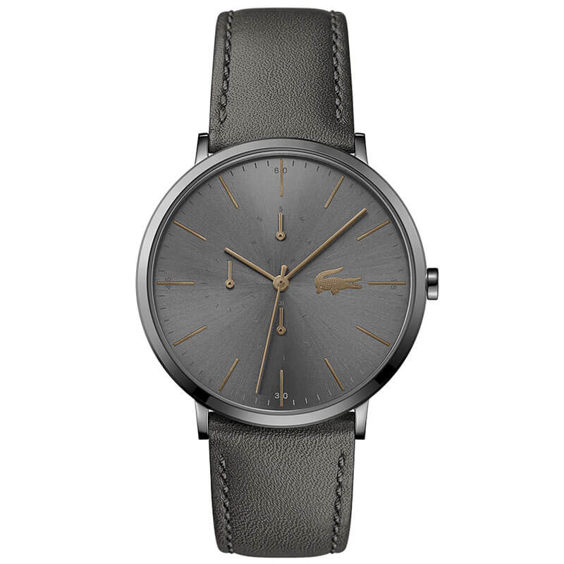 Lacoste grey dial quartz watch with rose gold hands and grey leather strap