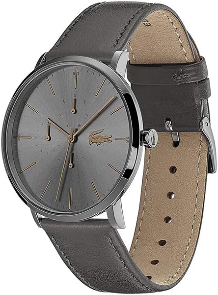 Lacoste multifunction watch worn on wrist with grey leather strap visible