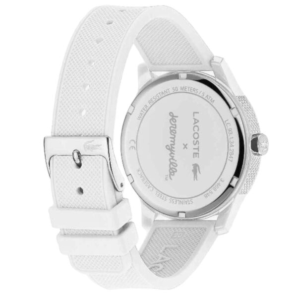 Lacoste 2011072 watch caseback showing Jeremyville and water resistance details