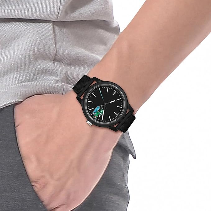 Lacoste 2011134 black watch worn on wrist with black silicone strap