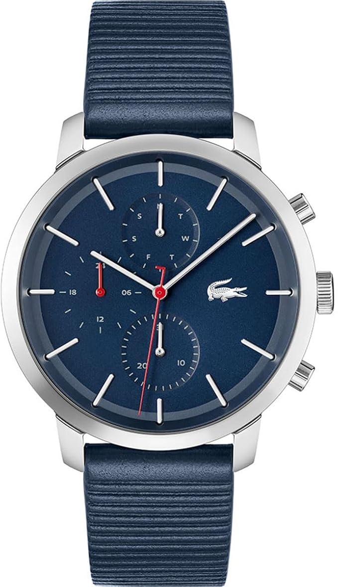 Lacoste 2011176 multifunction quartz watch with navy blue dial and navy leather strap