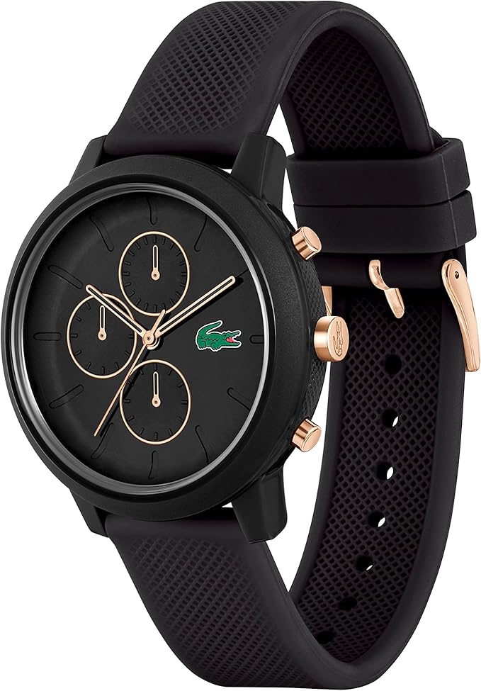 Lacoste chronograph watch angled view showing black rubber strap and rose gold case details