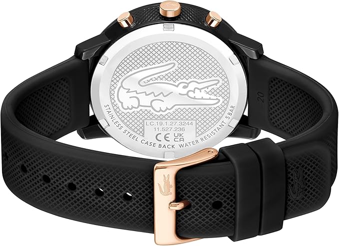 Lacoste watch caseback showing crocodile logo and model specifications
